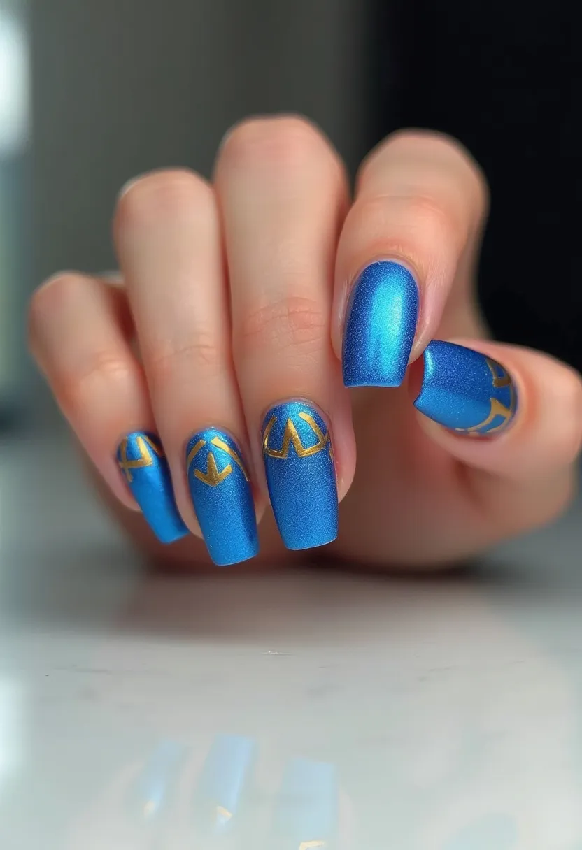 The nail design features a striking and vibrant palette of metallic blue nails, decorated with intricate golden geometric patterns. The nails are shaped in a medium-length, square form, providing a stylish and contemporary look. The design seems to be achieved with gel polish, given its glossy and smooth finish. The golden geometric details add an elegant touch, resembling arrows and angular shapes, creating a modern and sophisticated motif. This nail design could be suitable for a festive occasion or a special event, celebrating with a bold and glamorous statement. The blue and gold color combination exudes a royal and luxurious feel, perfect for making a stunning impression.