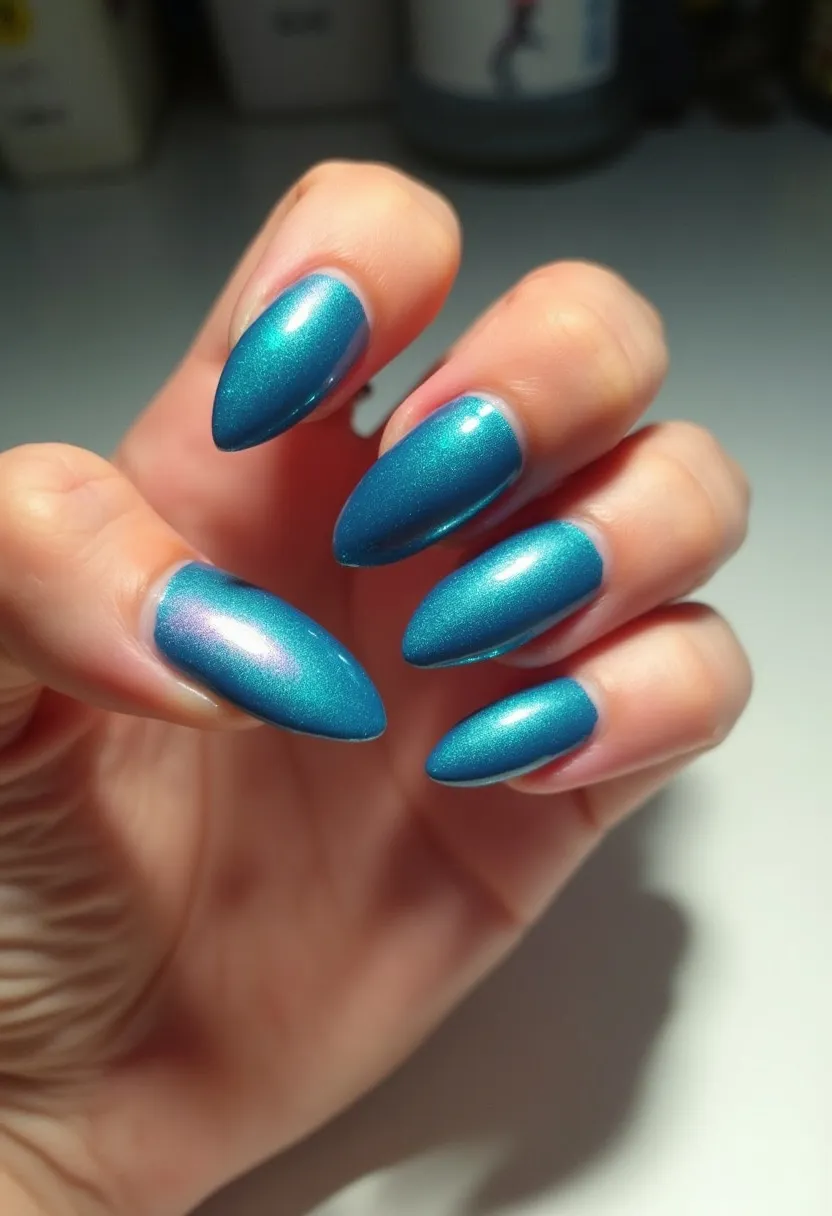 The nail design features a striking metallic teal color palette with a subtle, iridescent sheen that catches the light beautifully. The nails are shaped in an elegant almond form, offering a sophisticated and elongating effect on the fingers. This particular style appears to utilize a gel treatment, providing a glossy and smooth finish with impressive durability. A unique detail in the design is the slight gradient seen on the accent nail, which incorporates a hint of lavender shimmer, adding depth and visual interest. This vibrant design is perfect for the summer season or special events where a pop of color and a touch of glam are desired.