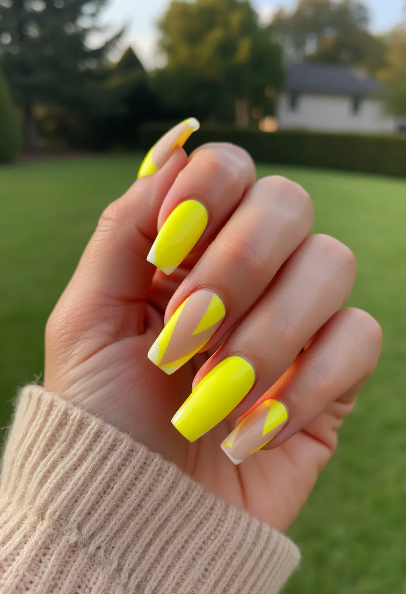 The nail design features a vibrant yellow color palette, primarily using a bright neon yellow. The nails are long with a squared tip shape, giving them a sleek and modern appearance. There are intricate patterns on a few nails, incorporating negative space with geometric triangular shapes outlined in white, contrasting boldly against the yellow. The design looks professionally done, likely using gel for its glossy finish and durability. The vivid color and dynamic patterns make it suitable for summer or festive occasions, adding a lively touch to the overall look.