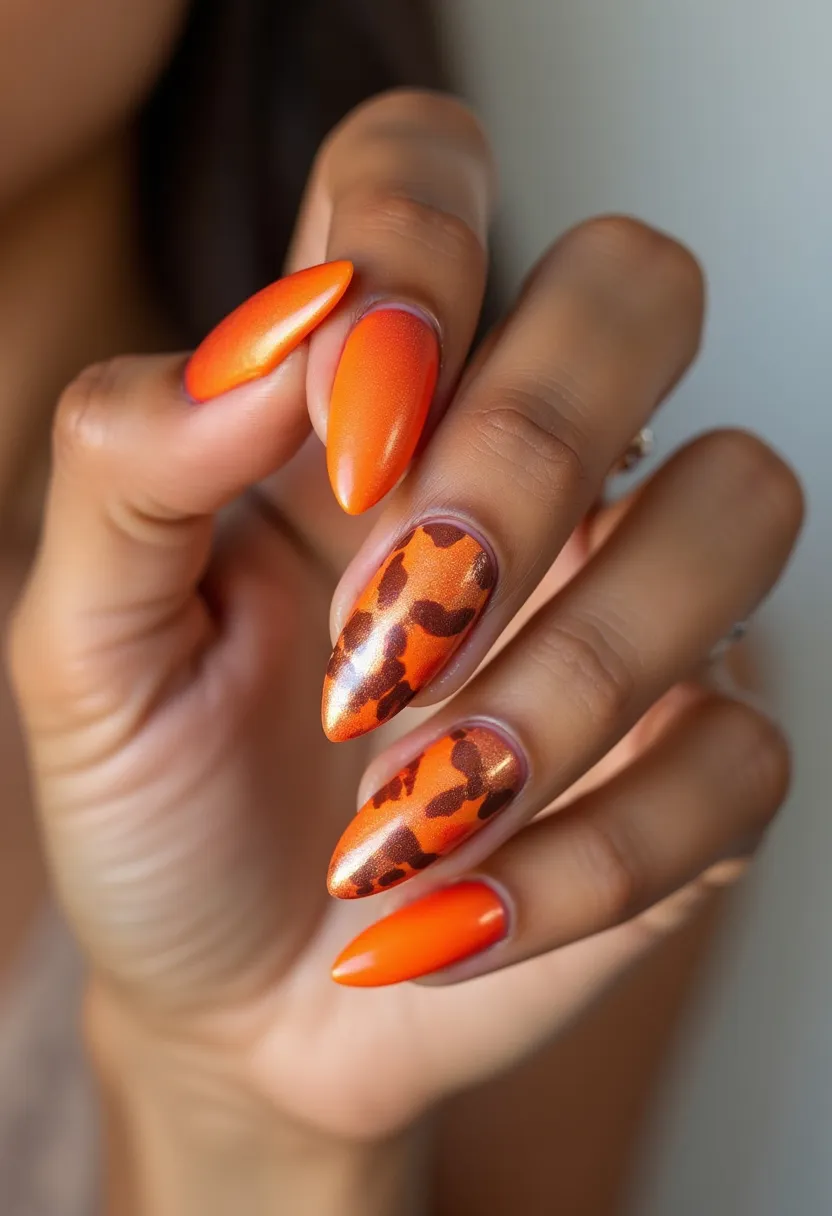 The nail design features almond-shaped nails adorned with a vibrant color palette of orange and metallic copper, creating a striking and lively appearance. The use of a gel nail treatment ensures a glossy finish and long-lasting wear. The nails exhibit a blend of solid orange hues and an intricate leopard pattern, emphasizing a playful yet elegant look. This design effortlessly blends warmth and flair, making it perfect for autumn or Halloween festivities. The use of animal print adds a trendy twist, while the shiny gradient effect on a few nails contributes to endless visual depth and sophistication.