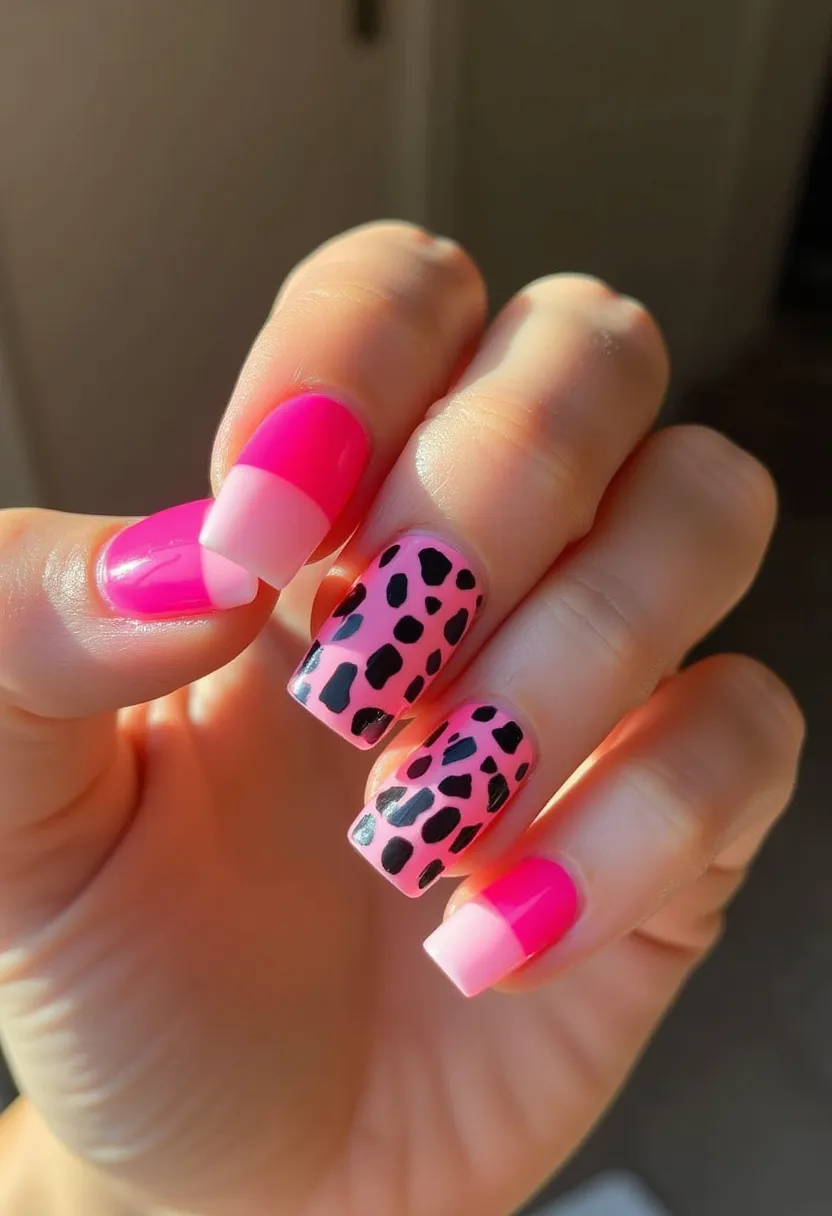 The nail design features a vibrant color palette predominantly in shades of pink and black. The nails are shaped in a squared-off form. Two of the nails exhibit a bright pink base with a creative French tip design in a softer, lighter pink color, creating a striking contrast. The remaining two nails have a light pink base decorated with a bold black leopard print pattern. The nail treatment appears to be done using gel or acrylic due to the glossy and flawless finish. This design is playful and trendy, suitable for a fun, lively occasion or as a summer-themed look, showcasing a blend of classic animal prints with a modern color twist.