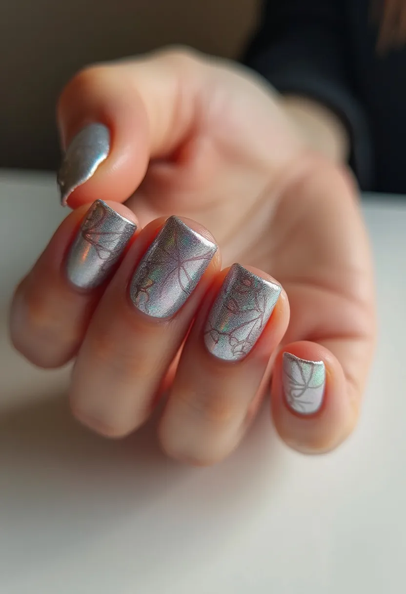 The nail design features a holographic silver color palette that displays a spectrum of colors when viewed from different angles. The nails are in a short, squared shape, providing a neat and elegant look. Intricate patterns resembling delicate line art of leaves or flowers are subtly embedded over the holographic base, adding a touch of artistic flair. Given the high-shine and smooth finish, this design seems to utilize a gel nail treatment. The design's ethereal quality and sparkling finish suggest it could be suitable for special occasions or seasonal themes, particularly during the winter or holiday season, where shimmering and festive nails are in vogue.