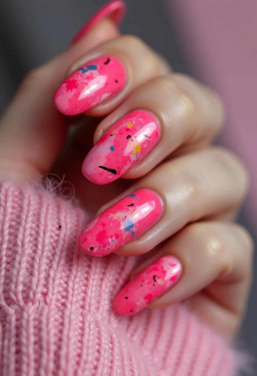 The nail design features a vibrant palette of pink as the base color, accented with splashes of various colors such as blue, yellow, and black, creating an abstract, splattered effect. The nails are almond-shaped, allowing ample space for the dynamic and playful patterns. The type of nail treatment appears to be gel, providing a glossy and smooth finish that enhances the bright and bold nature of the design. This design exudes a cheerful and lively vibe, suitable for spring or summer seasons, and could be ideal for festive celebrations or casual, fun events. Unique details include small, contrasting flecks and irregular shapes that add a sense of spontaneity and energy to the overall look.