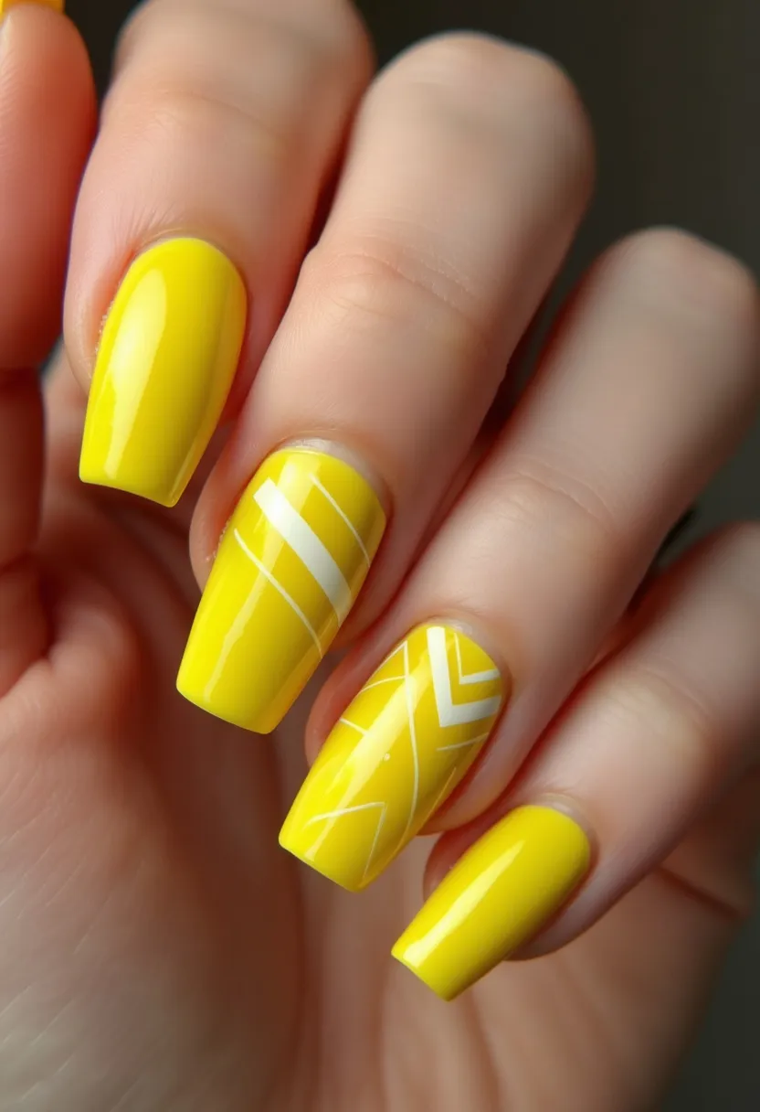 The nail design features a vibrant yellow color palette, evoking a cheerful and summery feel. The nails are medium to long in length with a coffin shape, providing a modern and stylish look. Two of the nails display intricate white line patterns in geometric shapes, adding an artistic flair to the design. This suggests the use of gel treatment due to the high gloss finish and precision in the patterns. The design is playful and bright, making it an excellent choice for spring or summer seasons or even for festive occasions where a lively and sunny look is desired.