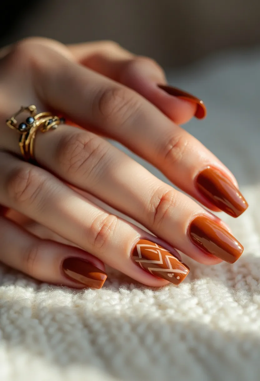 The nail design features a rich, autumnal color palette primarily consisting of a warm, burnt orange hue giving a cozy, seasonal feel. The nails are shaped in a medium-length, square form. Most notable is the intricate pattern on the ring finger, which showcases geometric shapes with white lines overlaying the orange base, and a small heart detail near the cuticle. This design suggests the use of a gel nail treatment, offering a sleek and glossy finish indicative of gel applications. The design overall exudes an autumnal theme, possibly suitable for a special occasion or simply to embrace the fall season.