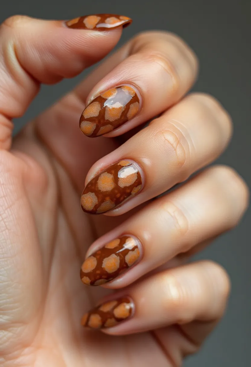 This nail design features a warm, earthy color palette predominantly composed of shades of brown and burnt orange. The nails are almond-shaped, providing a balanced and elegant appearance. Each nail is adorned with an intricate, leopard print-inspired pattern, which includes darker brown spots outlined irregularly against a lighter brown base, creating a striking contrast. The nails appear to be treated with gel polish, as indicated by their smooth, glossy finish that adds a sophisticated sheen. The design is suggestive of a fall theme, making it a suitable choice for the autumn season due to the use of warm colors and animal prints often associated with this time of year.