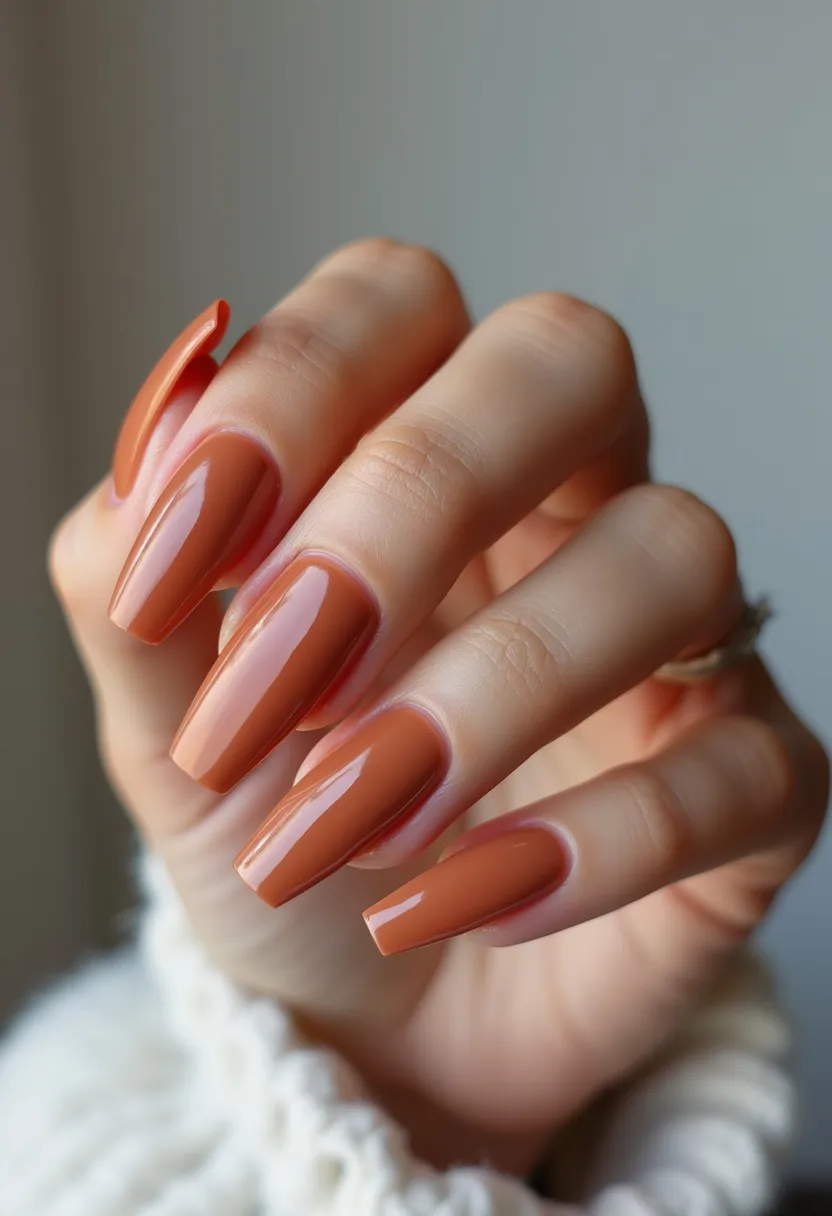 The nail design features elegantly shaped nails, specifically long and squared off at the tips, with a smooth, uniform finish. The color palette showcases a rich, warm, earthy brown, which can be an apt choice for the autumn season. The nails have a high-gloss finish, indicative of a gel or shellac treatment, providing a sleek and polished look. There are no intricate patterns or additional decorations, emphasizing the simplicity and sophistication of the single-colored design. This minimalist and classy style is versatile and suitable for a variety of occasions, from casual outings to more formal events.