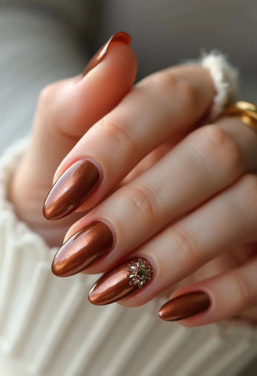 The nail design showcases a stunning autumnal palette with a warm, coppery brown hue that features a metallic sheen. The nails are shaped in a well-manicured almond form, adding elegance and sophistication to the overall look. One nail is adorned with an intricate embellishment: a metallic flower charm placed near the cuticle. This decorative element adds a touch of luxury and uniqueness to the design. The nail treatment appears to be a gel or shellac finish, providing a glossy, high-shine effect that enhances the rich color. This manicure is perfect for the fall season or special occasions requiring a blend of elegance with a bit of sparkle.