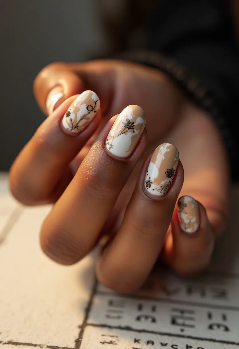 The nail design features an elegant color palette that combines a neutral beige base with soft white accents, creating a marbled effect. The nails are shaped in a rounded-oval style, offering a classy and refined look. Intricate black floral patterns are delicately drawn on each nail, adding a touch of sophistication and detail. This manicure appears to utilize gel nail treatment, known for its durability and glossy finish. The design exudes a chic and natural aesthetic, suitable for any season, particularly reflecting an autumn or botanical theme, making it perfect for both casual and formal occasions.