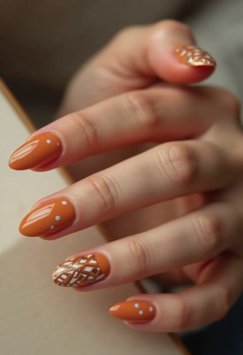 The nail design features a glossy burnt orange color palette, which predominantly covers most of the nails. The nails are shaped into a medium-length almond shape, adding an elegant and elongated look to the fingers. Each nail has small, evenly spaced white dots as a decorative element, giving a simplistic yet stylish touch. The standout detail is on the ring finger, which boasts an intricate pattern of crisscrossed white lines and additional fine detailed lines over the same orange base, adding a complex and artistic flair. The overall look suggests the use of gel polish, providing a shiny and durable finish. The earthy and warm tones along with the subtle yet sophisticated patterns could be associated with an autumnal or seasonal theme, perfect for fall celebrations or occasions.