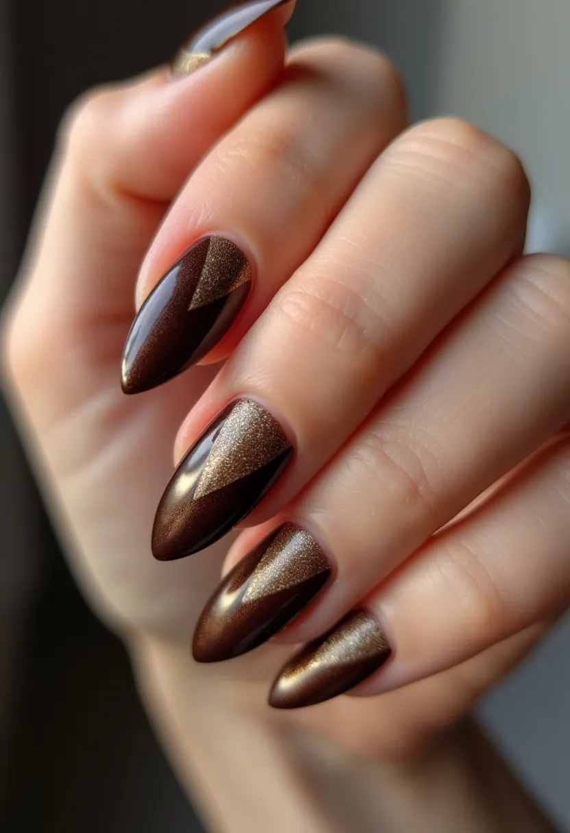 The image showcases a stunning nail design featuring an elegant almond shape that elongates the fingers. The color palette primarily consists of deep, rich chocolate brown tones combined with a shimmering golden brown, adding a luxurious feel. The nails are decorated with a sophisticated geometric pattern, where the shimmering golden brown is cleverly used to create sharp, triangular sections that contrast beautifully against the darker base color. This intricate design is likely achieved through the application of gel treatments, providing a sleek and glossy finish. The overall look is ideal for fall or winter seasons, making it a perfect choice for festive or special occasions where a touch of glamour is desired.