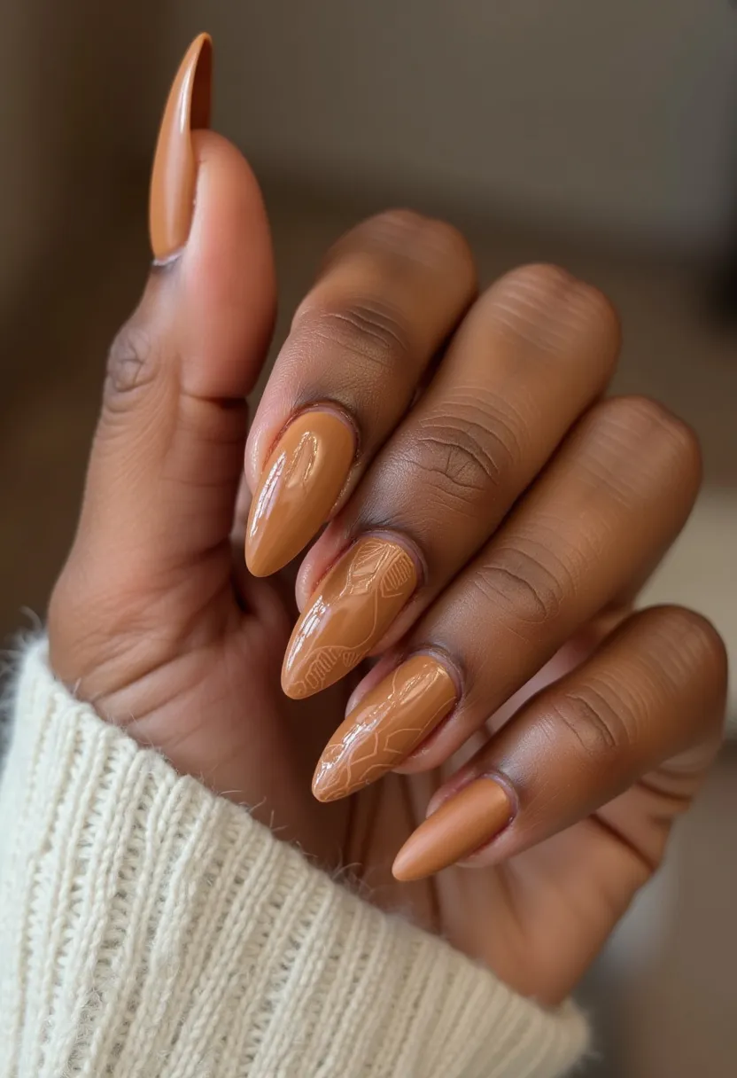 The nail design features a warm, earthy caramel brown color palette, with each nail uniformly finished in the same hue. The nails are shaped in an almond style, providing an elegant and elongating look to the fingers. Some nails showcase intricate, understated patterns that add a subtle yet sophisticated element to the overall design. The glossy and smooth finish indicates a gel or shellac treatment, known for their high shine and durability. This nail design's rich color and refined patterns make it versatile, suitable for both autumn seasonal themes and formal occasions.