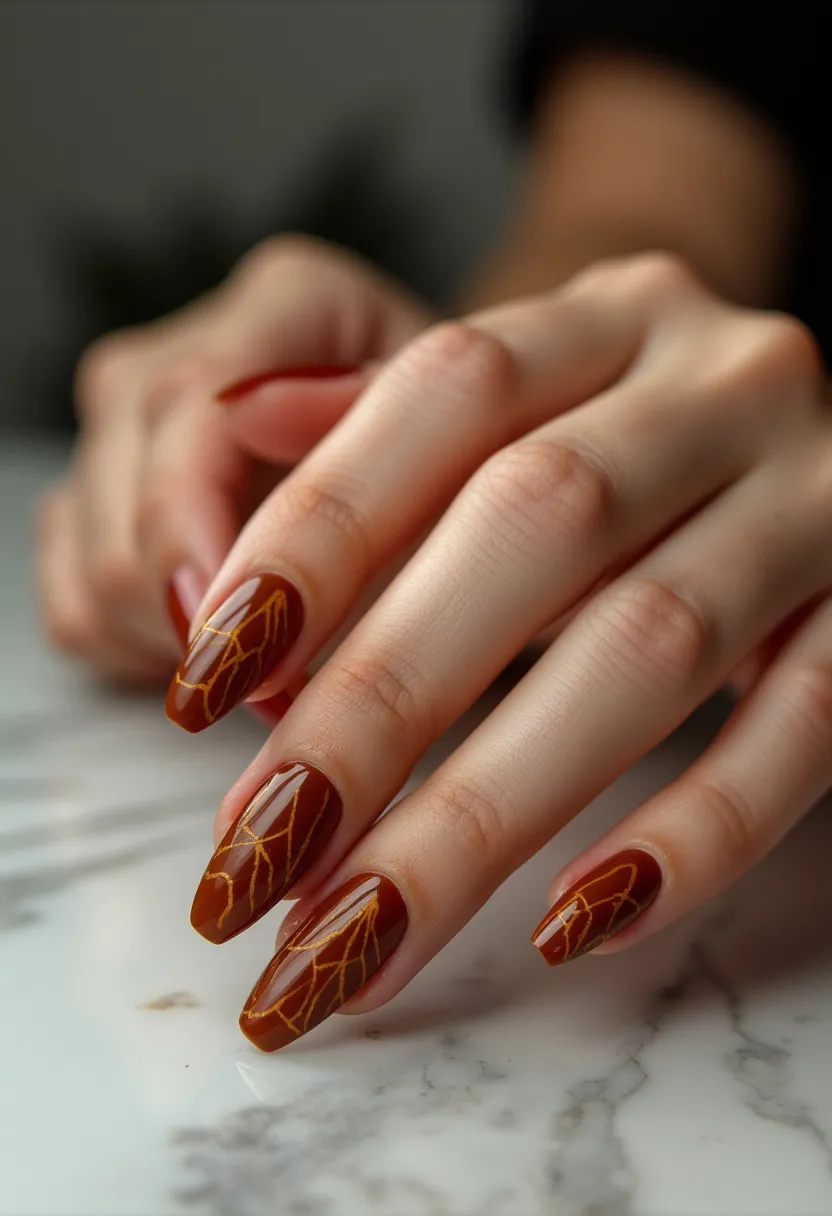 The nail design features a rich, warm brown color palette with a glossy finish, which is indicative of a gel or acrylic nail treatment that delivers a high-shine, durable result. The nails are elegantly shaped in a tapered oval or coffin style, offering both sophistication and edge. Intricate golden lines create a delicate, geometric pattern on each nail, adding a touch of elegance and complexity to the design. This look is perfect for autumn with its earthy hues and warm accents, making it ideal for seasonal transitions or even special occasions like a fall wedding or a festive event. The combination of the deep brown base and the fine, shimmering gold detail creates a sophisticated and trendy appearance, perfect for anyone seeking a refined yet eye-catching manicure.