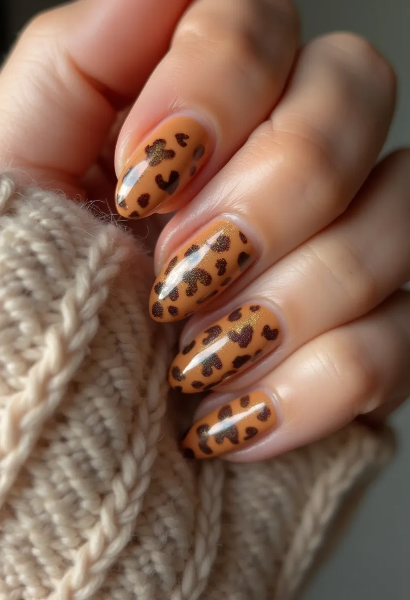 The nail design showcases a captivating leopard print pattern, featuring a warm, tan-orange base color complemented by dark brown and black spots. The nails are shaped into a sleek, almond form, providing an elegant and elongated appearance. This design appears to utilize gel polish, evident from its high-gloss finish and smooth application, enhancing the vibrant colors and intricate pattern. The leopard print serves as a bold and fashionable detail, making these nails suitable for various occasions, particularly during the autumn season when earthy tones are prominent. The design combines sophistication with a bit of wild flair, perfect for those looking to make a stylish statement.