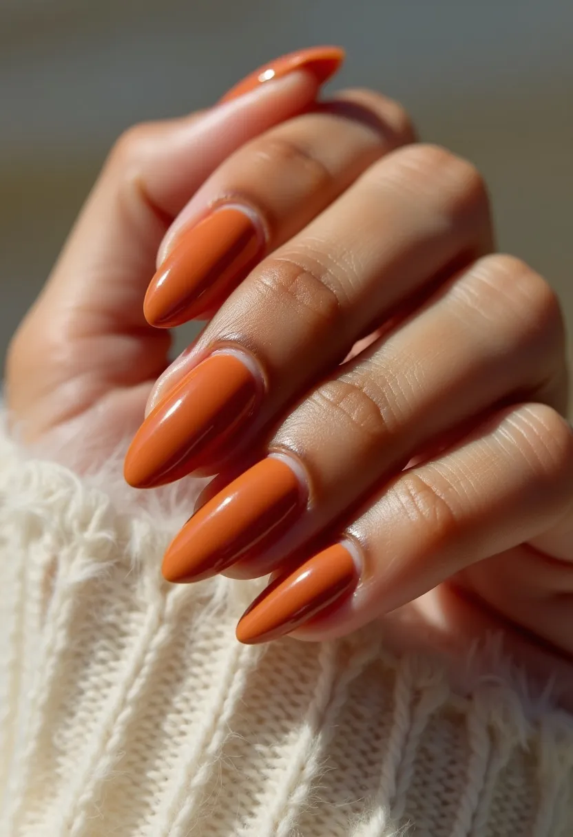 The nail design features a striking solid color palette of burnt orange, exuding warmth and richness. The nails are shaped into a long, almond style, which adds an elegant and sophisticated touch. The treatment appears to be a high-shine gel finish, as indicated by the smooth, glossy surface. There are no intricate patterns or decorations, allowing the bold color and shape to stand out prominently. Due to the choice of color, this nail design is likely suited for the autumn season, making it perfect for fall-themed events or everyday wear during cooler months.