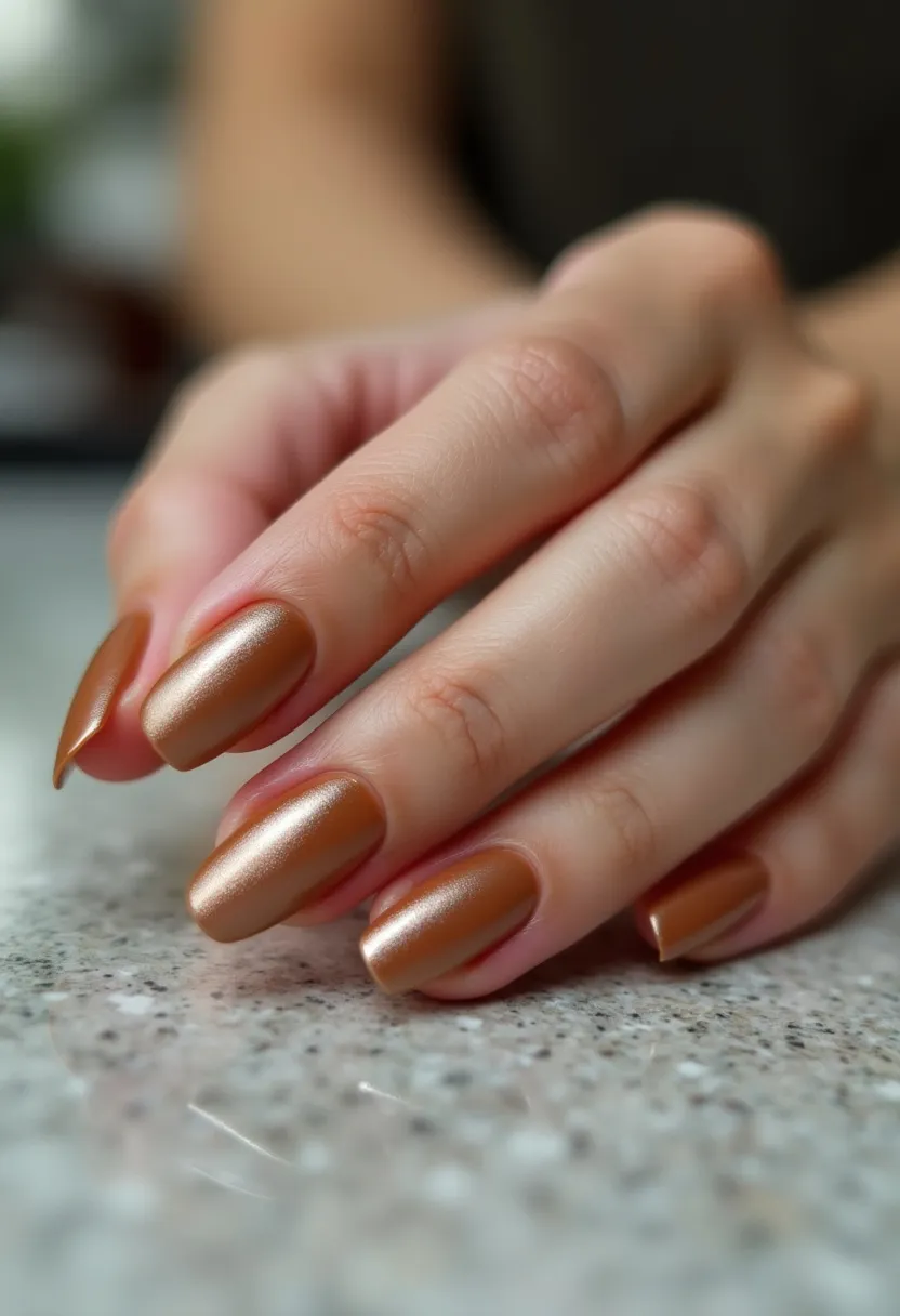 The nail design features a cohesive color palette of metallic bronze, exuding a luxurious and sophisticated vibe. The nails are shaped into a medium-length almond shape, which is both stylish and practical. The metallic finish adds a reflective sheen, enhancing the overall elegance of the design. Although the specific type of nail treatment is not explicitly indicated, the smooth, shiny surface suggests a gel or possibly a shellac treatment for durability and a lasting high-gloss finish. This nail design could be suitable for seasonal autumn themes or special occasions, capturing the warm, earthy tones typical of the fall season.