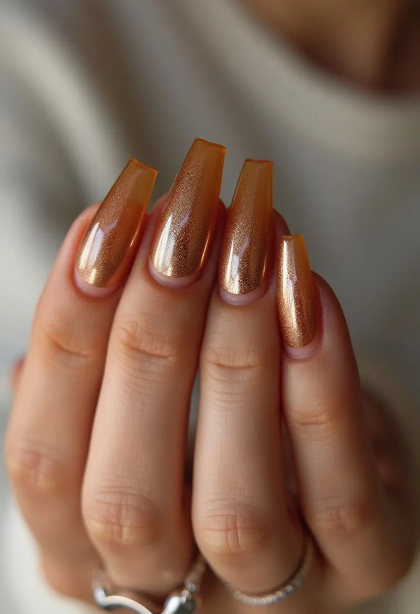 The nail design features a stunning metallic gold color palette with a shimmering finish, creating an eye-catching look. The nails are shaped in a long, square coffin style, exuding elegance and sophistication. The polish appears to be a gel treatment due to its glossy and smooth texture, ensuring durability and a high-shine finish. This particular design, with its warm golden hue and reflective quality, is ideal for festive or celebratory occasions, potentially fitting for holiday seasons or special events that call for a touch of glamour and opulence. The overall look is both luxurious and modern.