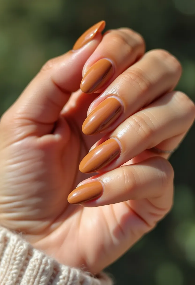 The nail design features a warm, autumnal color palette dominated by a rich caramel brown. The nails are shaped into a pointed almond silhouette, creating an elegant and refined appearance. The finish is smooth and glossy, suggesting the use of gel polish for added durability and shine. There are no additional intricate patterns or decorations, making the design minimalistic yet sophisticated. This styling is ideal for the fall season, complementing the hues and themes of this time of year, and would be suitable for both everyday wear and special occasions that call for a subtle but chic look.