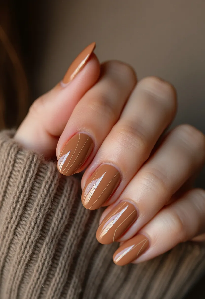 The nail design features medium-length almond-shaped nails coated in a rich, warm caramel brown hue. Each nail displays a high-gloss finish indicative of a gel polish treatment. Subtle, delicate white lines are intricately drawn onto the nails, adding a sophisticated touch to the monochrome palette. The overall aesthetic of this nail design is cozy and inviting, making it particularly suitable for fall or winter seasons. The simplicity and elegance of the design also lend themselves well to everyday wear, while the fine line details provide a hint of artistry and uniqueness.