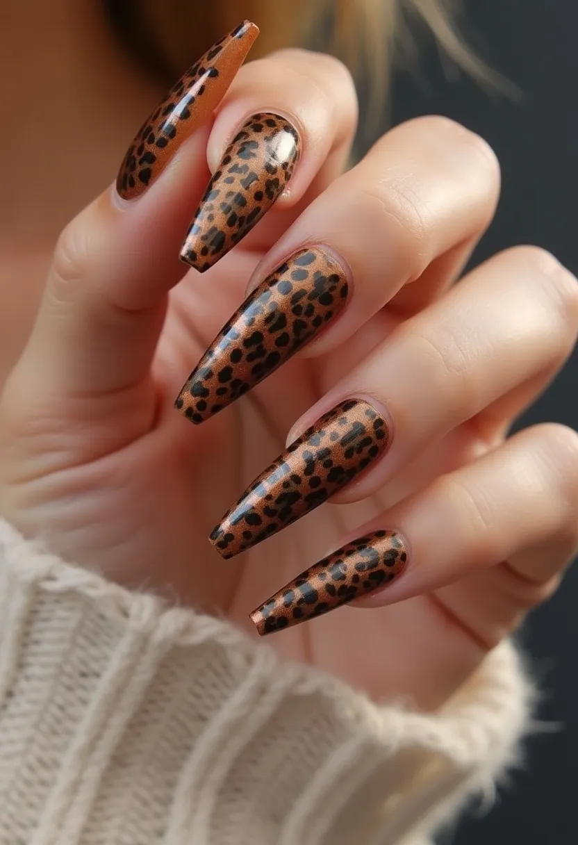 The nail design features a bold, leopard print pattern with a primarily earthy color palette consisting of shades of brown and black, adding a wild and edgy look. The nails are long and shaped in a stiletto or coffin style, which complements the fierce leopard print. The design appears to be done with a gel treatment, providing a glossy and durable finish. The intricate leopard spots are meticulously distributed across the nail surface, making the design eye-catching and dynamic. This nail art is perfect for making a fashion statement, possibly aligning with an autumn or winter theme due to the warm and earthy tones.