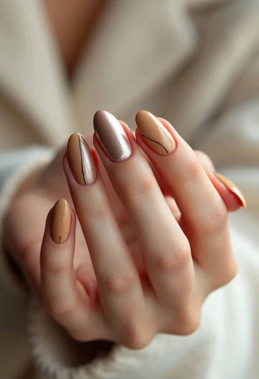 The nail design features a sophisticated color palette of warm nude tones, beige, and a metallic champagne shade. The nails are shaped in an elegant oval form. Some nails are adorned with intricate black lines, creating a sleek and modern geometric pattern that adds an element of interest and sophistication. The metallic nail provides a striking contrast to the more muted nude shades, enhancing the overall design with a touch of glamour. This manicure appears to be done with gel polish, given its glossy finish. The understated yet classy design is suitable for any season or special occasion, particularly events requiring a polished and refined look.