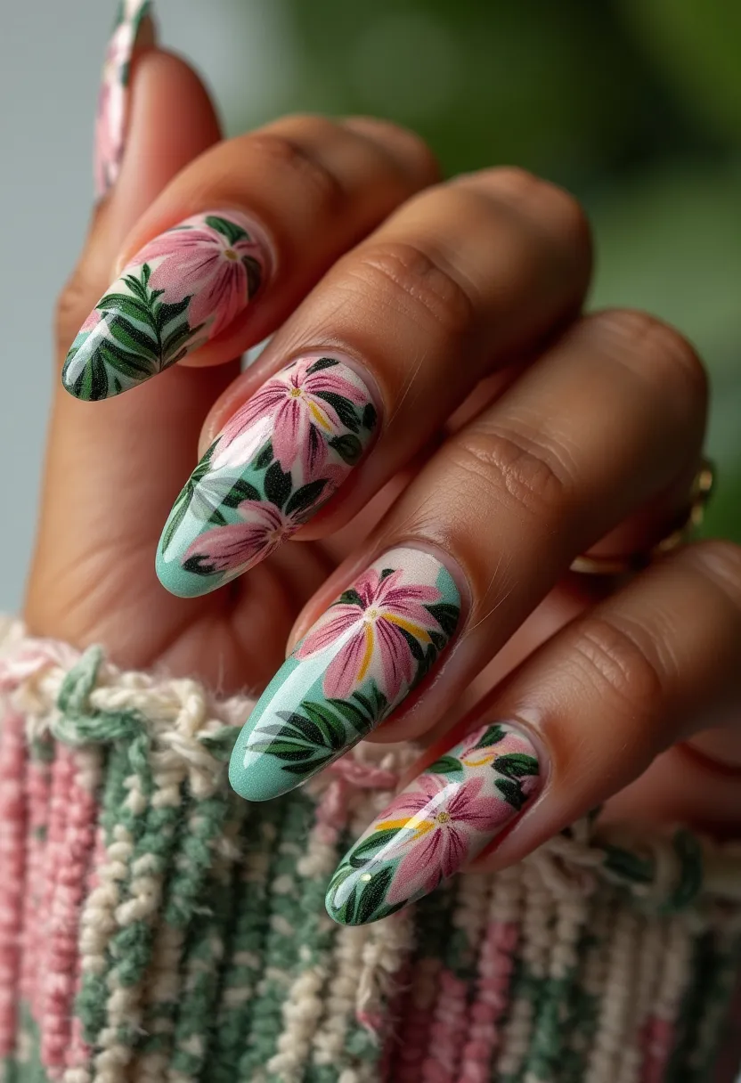 The nail design showcases a beautiful floral theme with a delicate color palette featuring pastel hues of pink, green, and white. The nails are shaped in a tapered oval or almond style, adding an elegant and feminine touch. They exhibit intricate floral patterns with detailed petals and leaves, painted in vibrant shades that highlight the pink blossoms and lush green foliage. The treatment used appears to be gel, given the glossy and smooth finish that suggests durability and a high-shine effect. This design could be perfect for spring or summer, as the floral motifs and lively colors are reminiscent of blooming gardens and warm weather, making it suitable for special occasions or everyday wear during these seasons.