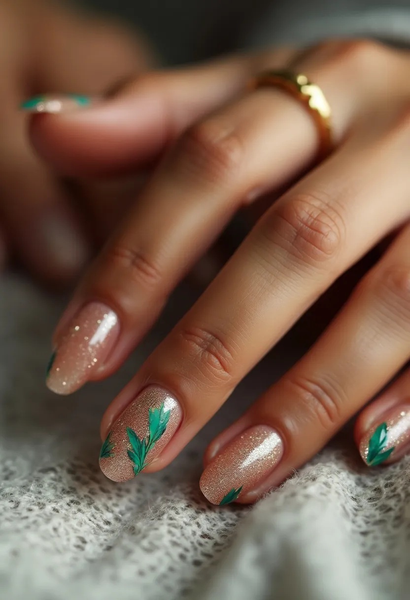 The nail design showcases medium-length, almond-shaped nails painted with a shimmering nude base, likely using gel polish for a glossy and durable finish. Each nail features detailed green leaf patterns, suggesting a nature-inspired theme, making it suitable for spring or early summer. The intricate leaf designs add a touch of elegance and artistry, highlighting the meticulous attention to detail in the nail art. The overall look is sophisticated and fresh, perfect for special occasions or daily wear during the warmer seasons, providing a subtle yet eye-catching aesthetic.