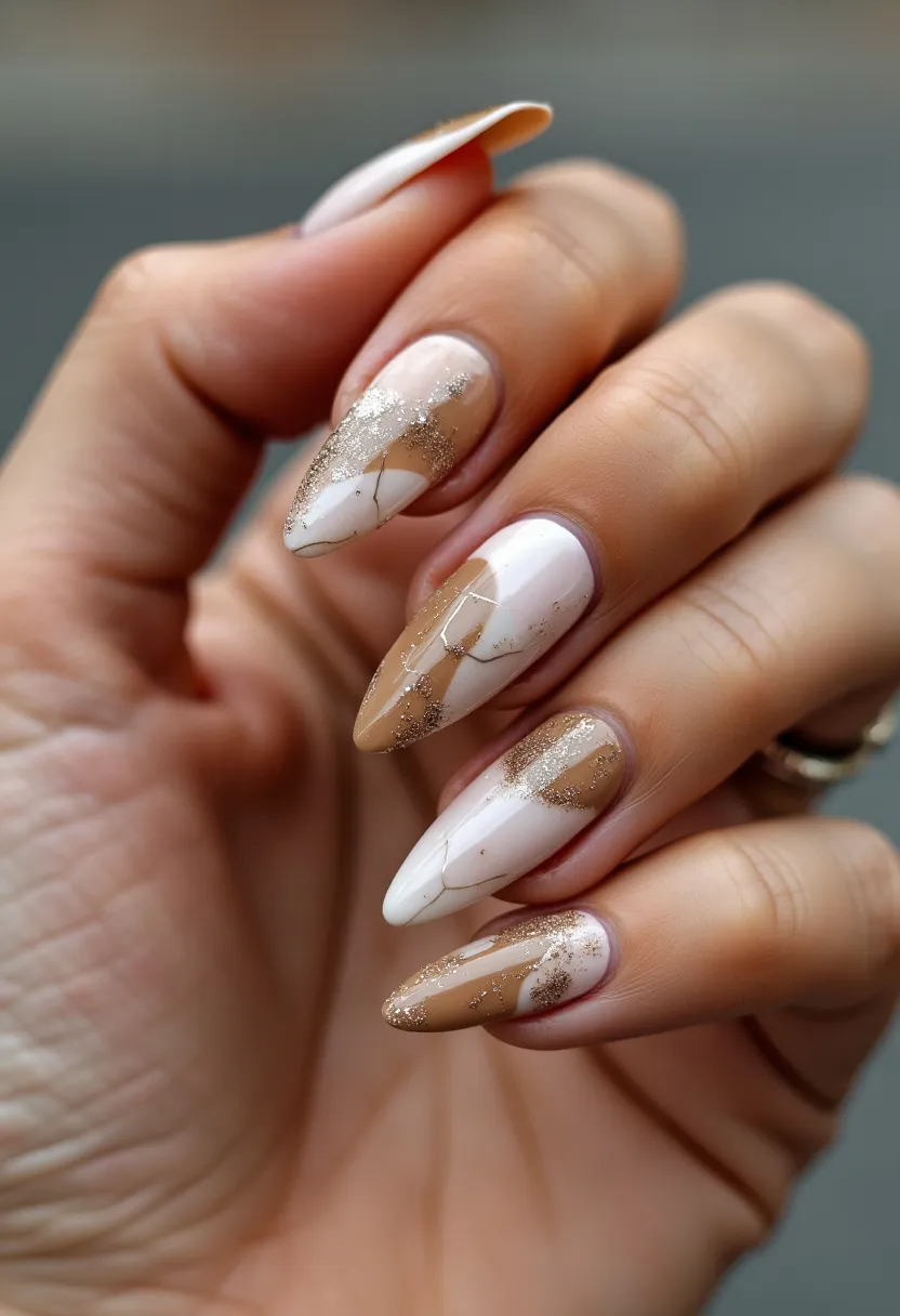 The nail design features an elegant and sophisticated color palette of white, beige, and gold. The nails are shaped into a stiletto form, accentuating their length and sharpness. This design incorporates intricate patterns with a marbled effect, blending the white and beige tones seamlessly. Gold glitter adds a touch of sparkle to the design, strategically placed to enhance the marbling. The finish appears to be glossy, indicative of a gel or shellac treatment, providing durability and shine. The overall look is refined and versatile, suitable for various special occasions, including weddings or formal events, and the neutral tones with a hint of gold make it a fitting choice for autumn-inspired themes.