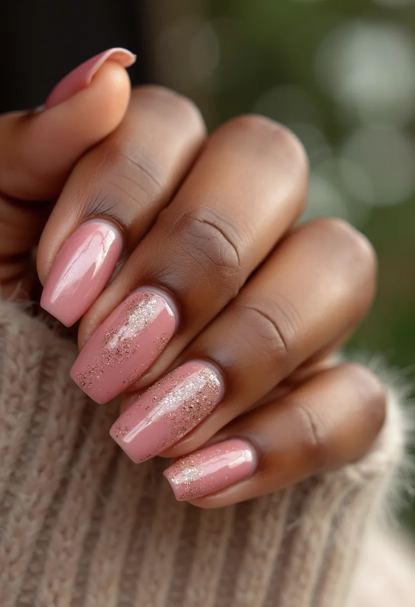 The nail design showcases a sophisticated and elegant look, highlighted by a soft, dusty rose color palette. The nails are medium to long in length with a square shape, providing a modern and stylish appearance. Each nail features a delicate touch of glitter around the cuticle area, which gradually fades towards the tip, creating a gradient effect that adds a touch of glamour to the overall design. This nail treatment appears to be gel, giving the nails a glossy and smooth finish that is both durable and long-lasting. The design's minimalistic yet chic approach is perfect for various occasions, lending itself well to both everyday wear and special events. The color and glitter effects also suggest a seasonal theme suitable for spring or summer, or even festive occasions where a subtle sparkle is desired.