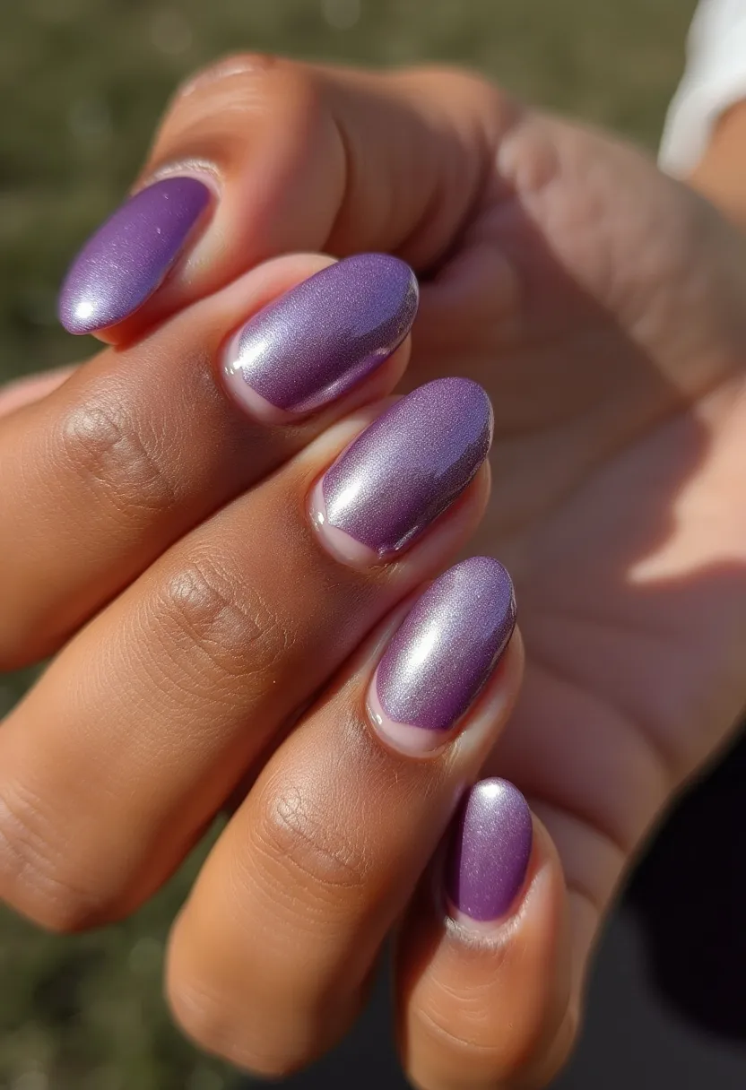 The nail design features a vibrant, metallic purple color palette, which is applied uniformly over long, almond-shaped nails. The glossy finish and smooth texture suggest a possible gel or shellac treatment. There are no additional intricate patterns or decorations, allowing the shimmering purple hue to stand out prominently. The choice of color and finish gives the nails a sophisticated look, suitable for both everyday wear and special occasions, with a slight hint of a seasonal theme for spring or summer due to its bright and lively appearance.