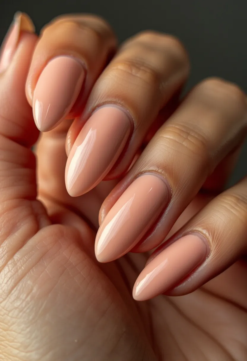 The nail design features a glossy nude pink shade, creating a sophisticated and clean look. The nails are sculpted into an almond shape, providing an elegant and refined edge. The finish appears to be smooth and shiny, indicative of a gel treatment that enhances the natural palette while offering durability and a high-shine effect. There are no intricate patterns or decorations, maintaining simplicity and versatility suitable for any occasion, from everyday wear to special events. The neutral tones and professional finish make this design timeless and appropriate for multiple seasons and settings.