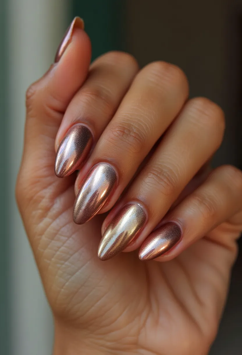 The nails are adorned with a metallic, rose gold chrome finish, creating a striking and elegant appearance. They have a classic almond shape, extending to a modestly pointed tip. The smooth, reflective surface suggests a gel or shellac treatment, providing a high-gloss and long-lasting effect. The consistent color and sheen throughout indicate a single-tone design, emphasizing simplicity and sophistication. This nail design is versatile, suitable for both everyday wear and special occasions, adding a touch of glamour to any look. The metallic rose gold is particularly fitting for autumn or festive events, offering a warm yet vibrant palette.