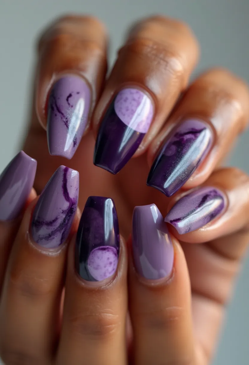 The nail design showcases a sophisticated palette of purples, using several shades ranging from light lavender to deep plum. The nails are shaped into a tapered coffin style, giving them an elegant and elongated appearance. Intricate patterns adorn each nail, featuring a mix of swirling marble effects and circular accents, adding depth and visual interest. This detailed artistry suggests the use of gel treatment, known for its durability and high gloss finish. The design appears to be a chic and modern take without a specific seasonal theme, suitable for various occasions from casual to more formal settings.