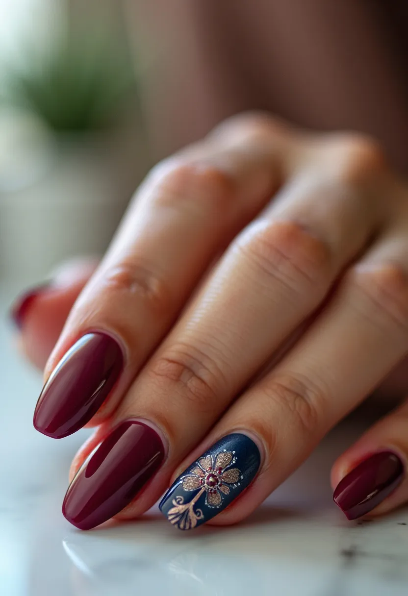 This elegant nail design features a sophisticated color palette with deep burgundy and a rich navy blue. The nails are shaped in a sleek almond form, accentuating the fingers' length and elegance. The design incorporates an intricate floral pattern on the navy accent nail, which is adorned with shimmering glitter and small, delicate details that enhance the overall luxurious feel. The use of deep, vibrant colors and ornate decoration suggests a gel nail treatment, providing a smooth and glossy finish. This design, with its opulent colors and detailed artistry, is perfect for an evening event or a special occasion, such as a formal party or a festive celebration.