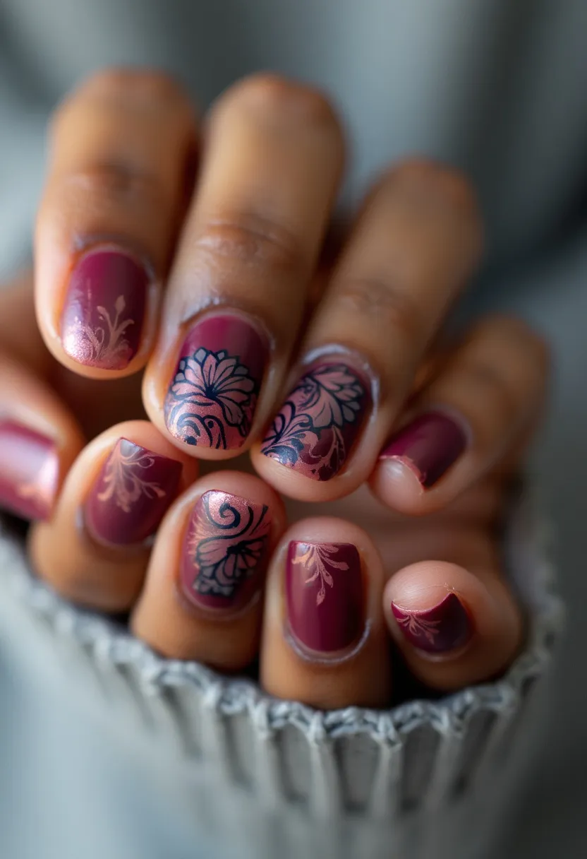 The nail design features a rich burgundy color palette, giving off an elegant and sophisticated look. The nails are medium-short in length with a neatly rounded shape. Adorning the burgundy base, there are intricate floral patterns in a contrasting black and copper color, adding a touch of artistry and detail to the nails. The floral designs vary from simple leaves to more complex full flower motifs, giving each nail a unique appearance. The finish appears to be glossy, suggesting the use of gel nail polish, known for its durability and shine. This design could be suitable for autumn or winter seasons due to its deep, warm hues, and it could also be fitting for special occasions such as weddings or holiday events.