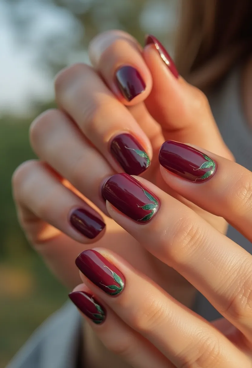 The nail design features a rich, dark burgundy color palette, exuding a deep and sophisticated appearance. The nails are shaped in a natural, rounded oval which complements the overall elegance of the design. Intricate patterns adorn some of the nails, incorporating fine green and metallic silver accents, possibly representing delicate leaf motifs. The finish has a glossy, high-shine look which is characteristic of gel nail treatments, ensuring durability and a smooth, sleek surface. The combination of the dark burgundy and green-leaf detailing suggests a seasonal theme, perhaps suited for autumn or holiday celebrations, adding a touch of festivity and refinement to the look.