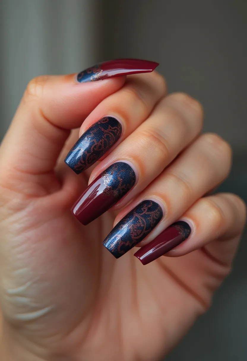 The depicted nail design showcases a sophisticated and elegant color palette consisting of a rich burgundy paired with a dark, shimmery blue. The nails are shaped in a medium to long coffin style, providing a modern and chic appearance. Intricate patterns of delicate, lace-like designs in a contrasting color are featured on the dark blue sections, adding a layer of complexity and artistry to the overall look. The nails appear to be treated with a gel polish, ensuring a glossy and lasting finish. This design could be suitable for a variety of occasions, from formal events to festive gatherings, particularly in the autumn or winter seasons due to its deep and striking hues.