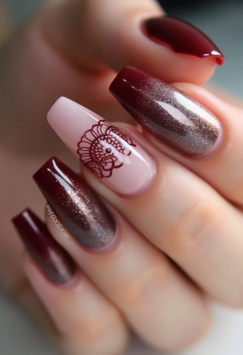 The nail design features a refined palette with deep burgundy and shimmering ombré tones that blend into a silvery hue. The nails are shaped in a square stiletto style, offering a sleek and elongated appearance. Each nail showcases a high-shine finish, suggesting a gel treatment for longevity and brilliance. One of the standout nails is painted in a soft pale pink and adorned with an intricate, delicate burgundy floral design, adding a touch of artistry and elegance. This design is well-suited for fall or winter seasons, lending itself to special occasions with its sophisticated yet artistic detail.