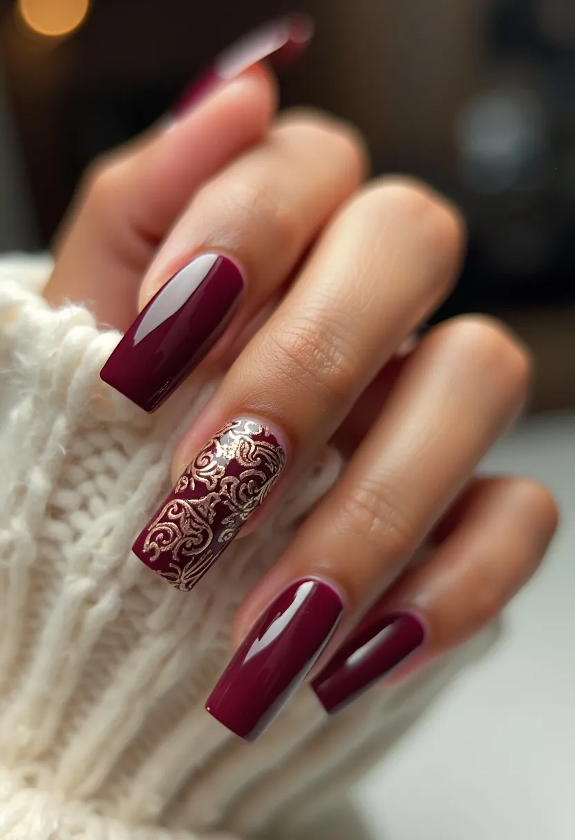 The nail design features a rich, deep burgundy color palette applied predominantly across the nails, suggesting a sophisticated and elegant aesthetic. The nails are shaped in a long, squared coffin style which adds to the overall chic appearance. Notably, one accent nail on each hand showcases intricate gold foiling in an ornate, baroque-inspired pattern that adds a touch of luxury and complexity to the design. The glossy finish and impeccable sheen indicate the use of gel polish, providing both durability and a brilliant shine. The opulent color and intricate detailing make this design particularly suitable for special occasions or festive celebrations, such as the holiday season or a formal event.