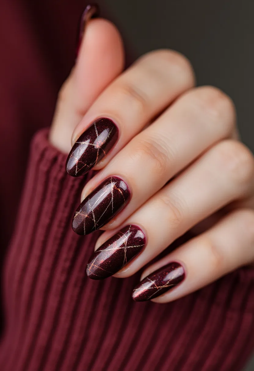 This nail design features a striking deep burgundy color palette, suitable for an elegant and sophisticated look. The nails are shaped in a rounded almond form, which adds to their chic aesthetic. The surface of the nails appears glossy, which is indicative of a gel or shellac nail treatment, providing a durable and shiny finish. Intricate gold lines crisscross over each nail, creating an elegant geometric pattern that adds a touch of glamour. This design is perfect for the fall and winter seasons, possibly accentuating festive or holiday aesthetics. The combination of rich colors and elegant lines makes this nail art both stylish and versatile for various special occasions.