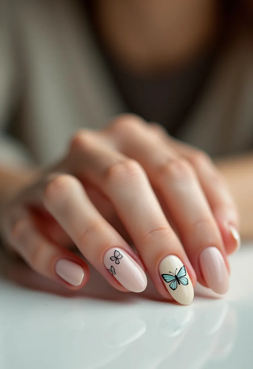 This nail design features an elegant and minimalist aesthetic, with a palette primarily consisting of soft pastels and neutral tones. The nails are shaped in a rounded oval form, enhancing the delicate look. The base color is a nude shade, which provides a subtle and sophisticated backdrop for the intricate black and blue butterfly patterns adorning a couple of nails. The butterflies add a playful and whimsical element to the design, making it suitable for spring or summer. This design likely uses gel or acrylic treatment, offering a sleek and glossy finish. The simplicity of the color palette combined with the intricate butterfly details creates a balanced and eye-catching nail art suitable for various occasions.