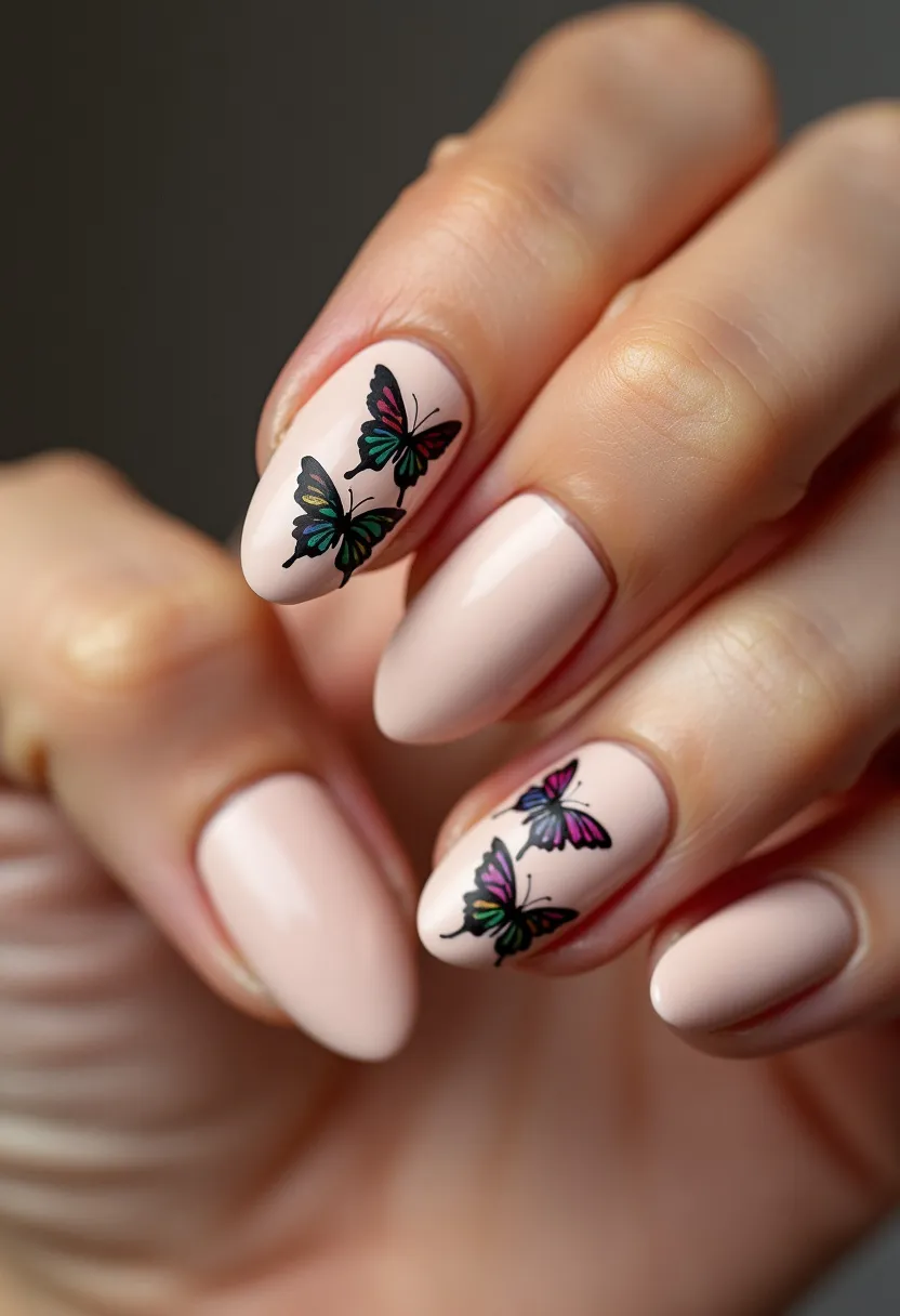 The nail design features a delicate, pale nude color palette, creating a sophisticated and understated base. The nails are almond-shaped, providing a classic and elegant silhouette. Adorning some of the nails are intricate butterfly patterns, with the butterflies displaying multicolored wings, adding a touch of whimsy and vibrancy. These decorations appear to be decals or detailed hand paintings. The smooth, glossy finish of the nails suggests a gel or shellac treatment, giving them a durable and polished look. This design evokes a sense of spring or summer, celebrating nature and renewal, making it suitable for those seasons or special occasions like garden parties or weddings.