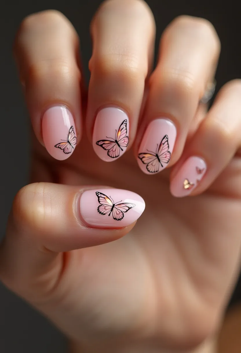 The nail design features a soft pastel pink color palette, creating a delicate and feminine look. The nails are shaped in a smooth, rounded or almond shape that enhances the elegant appearance. Intricate butterfly patterns are meticulously adorned on each nail, with the butterflies in shades of pink and outlined in black, adding a whimsical and detailed touch. The design appears to be executed using a gel nail treatment, providing a glossy, durable finish. The intricate butterfly motifs suggest a spring or summer seasonal theme, perfect for occasions such as garden parties or weddings. The overall aesthetic is charming and delicate, highlighting the beauty of nature.