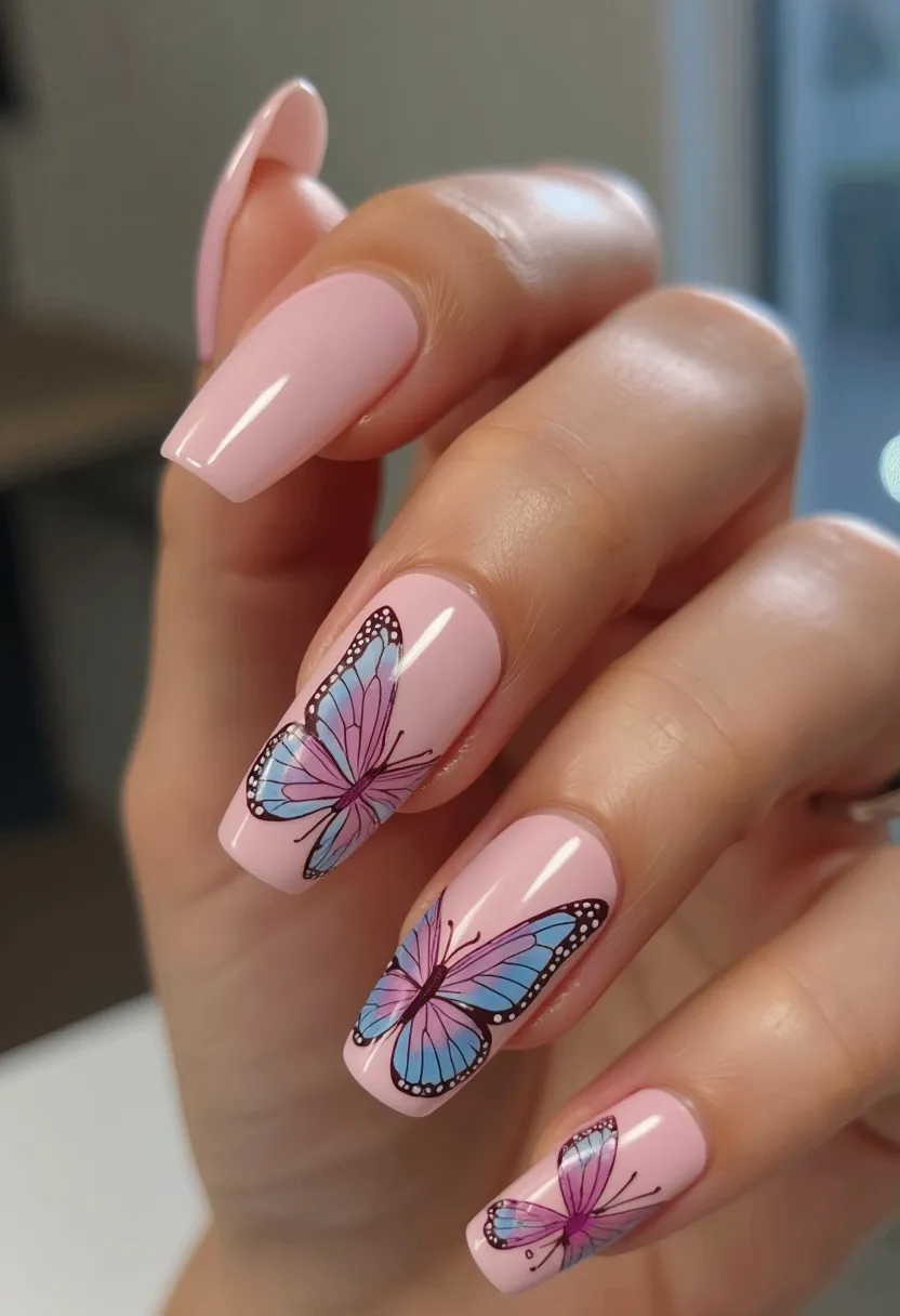 This nail design features a light pink base coat that serves as a soft and elegant background. The nails are elongated and shaped into a tapered square form, creating a sophisticated and clean look. Each nail is adorned with intricate butterfly decals, predominantly in shades of purple and blue, highlighted with delicate black outlines and white accent dots, adding a touch of whimsy and nature-inspired beauty. The high-gloss finish suggests a gel or acrylic treatment, ensuring durability and a polished appearance. This design exudes a fresh, springtime feel, making it ideal for seasonal celebrations or special occasions, evoking a sense of renewal and beauty.