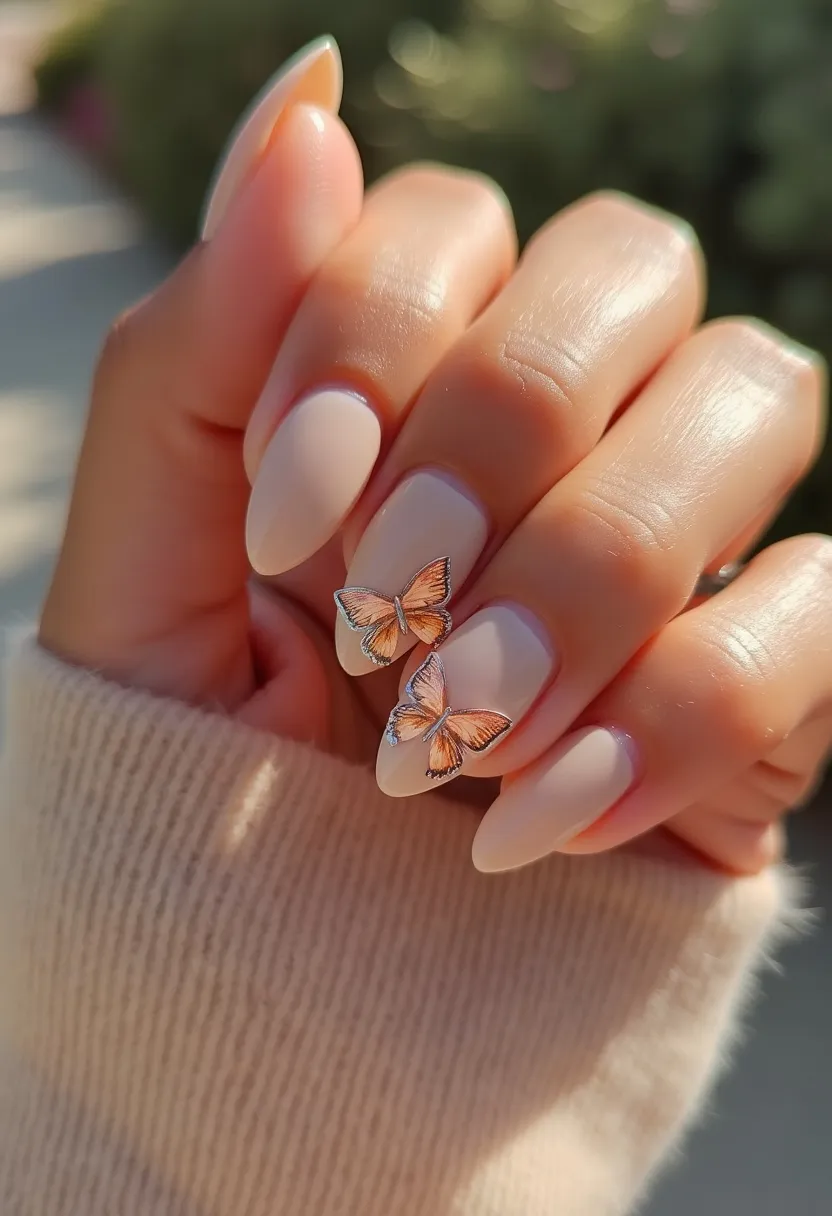 The nail design features an elegant almond shape and employs a soft, nude color palette for a subtle yet sophisticated look. The nails appear to be treated with a glossy gel polish that enhances their sleek appearance. Two of the nails are adorned with intricate butterfly decorations, adding an element of charm and whimsy to the overall design. This delicate embellishment suggests a seasonal spring or summer theme, celebrating the lightness and beauty of nature. The smooth, even application of the gel treatment ensures a flawless finish that highlights the intricate details of the butterfly accents.