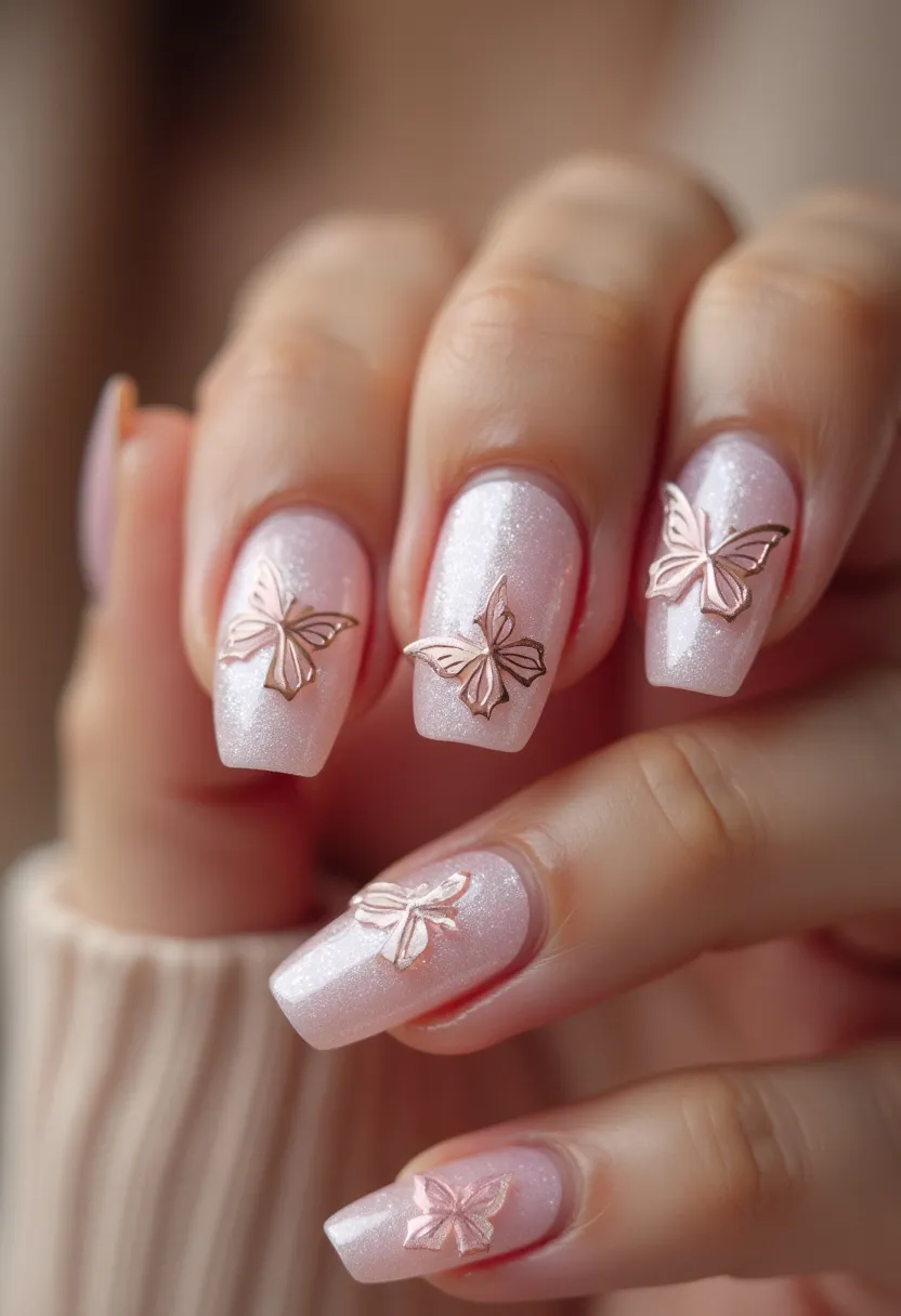 The nail design features a square-shaped style with a soft, shimmer-infused light pink base color. Each nail is adorned with a delicate, three-dimensional butterfly decoration in a metallic rose gold hue, adding an intricate and elegant touch. The design suggests a gel nail treatment, as the surface appears smooth and glossy. The overall look is sophisticated and perfect for spring or summer, evoking themes of renewal and beauty, making it ideal for special occasions such as weddings or festive celebrations. The combination of subtle shimmer and detailed butterfly accents creates a harmonious balance, resulting in a modern yet graceful appearance.