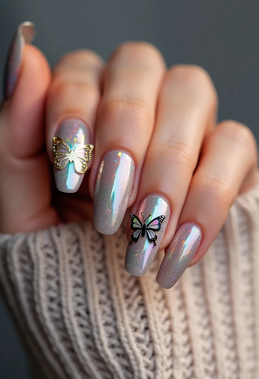 The nail design features a color palette that includes a holographic or iridescent base with shimmering effects, creating a sparkling and eye-catching appearance. The nails are long and almond-shaped, providing a graceful and elongated look to the fingers. Intricate patterns are evident in the form of butterfly decorations; one gold butterfly adorns the ring finger nail, while a multi-colored butterfly embellishes the middle finger nail. The nail treatment appears to be either gel or dip, given the high-shine finish and smooth texture of the nails. This design exudes a whimsical and ethereal charm, making it suitable for special occasions such as weddings, garden parties, or springtime events.