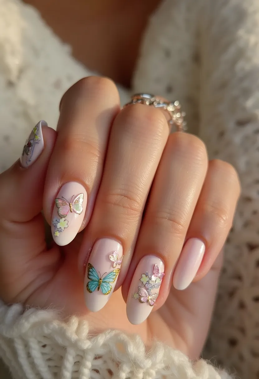 The nail design features a soft, pastel color palette dominated by light pink and white tones, providing a delicate and feminine base. The nails are shaped in an elegant almond form, adding to the overall graceful appearance. Intricate patterns consist of colorful butterfly decals and tiny floral accents, mostly in shades of blue, pink, yellow, and gold, providing a charming and whimsical touch. The decorations suggest a spring or summer theme, perfect for celebrating warmer seasons or special occasions like garden parties or weddings. The use of gel polish can be inferred due to the glossy and smooth finish, which enhances the vividness of the intricate designs.