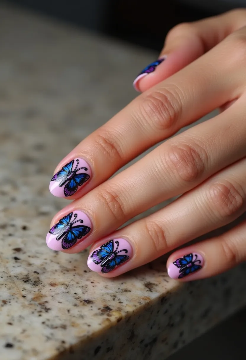 The nails feature a beautiful, feminine design with a base color of soft pink, giving them a delicate appearance. The nails are almond-shaped, adding elegance to the overall look. Each nail is adorned with intricate butterfly patterns that showcase detailed artwork in hues of blue, purple, and black, creating a striking contrast against the pink background. It is likely that gel polish was used, given the glossy finish and durability often associated with such elaborate designs. The butterfly motif suggests a spring or summer theme, perfect for those seasons or special occasions like weddings or garden parties. The artistry and precision in the butterfly designs highlight the meticulous effort put into this nail art, making it unique and eye-catching.