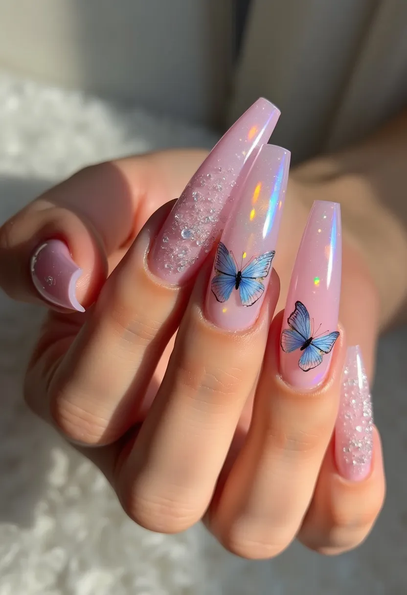 The nail design features a pastel pink color palette combined with a holographic finish, creating a soft and iridescent look. The nails are shaped into a long coffin style, providing an elegant and modern appearance. Two accent nails on each hand display intricate blue butterfly decals, adding a delicate and whimsical touch. Some nails incorporate a glittery texture with small beads, providing a three-dimensional effect and extra sparkle. The nails appear to have a glossy and durable finish, indicating likely gel treatment. This design is suitable for a spring or summer theme, capturing the essence of the warmer seasons and special occasions like a garden party or outdoor event.